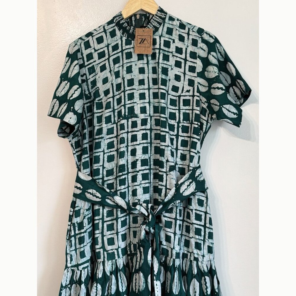 Zanaani Toyin Geometric Print Maxi Dress Sz Large Teal Green Mock Neck Pockets - Picture 5 of 14